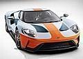 Die neue Ford GT Heritage-Edition (Modelljahr 2019) feiert den 50. Geburtstag des 1968er und 1969er Le Mans-GT40 mit einer „Gulf Oil“-Rennlackierung zu Ehren dieses wohl berühmtesten Farbschemas des Autorennsports